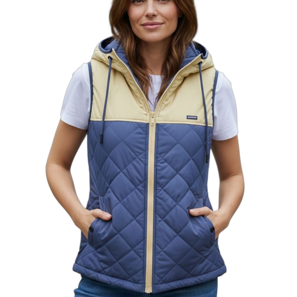 Flag Nor Fail Women's Blue/Yellow Quilted Hooded Vest. XS.
